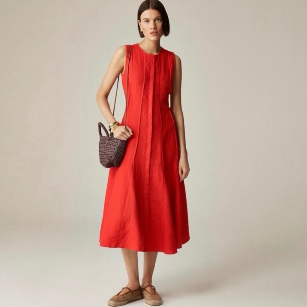 J Crew Seam Linen Dress Red NWT Belt Midi CA671 J.Crew Prep Money Resort XS